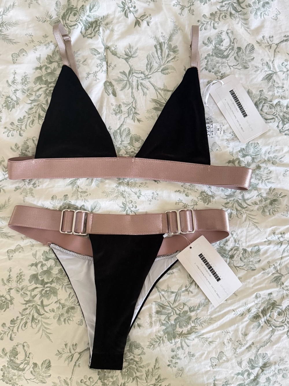 York The Label Black and Rose Gold Trim Triangle Bikini Set